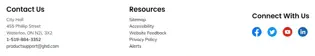 Screenshot of page footer showing spacer columns between contact info, resources and social links