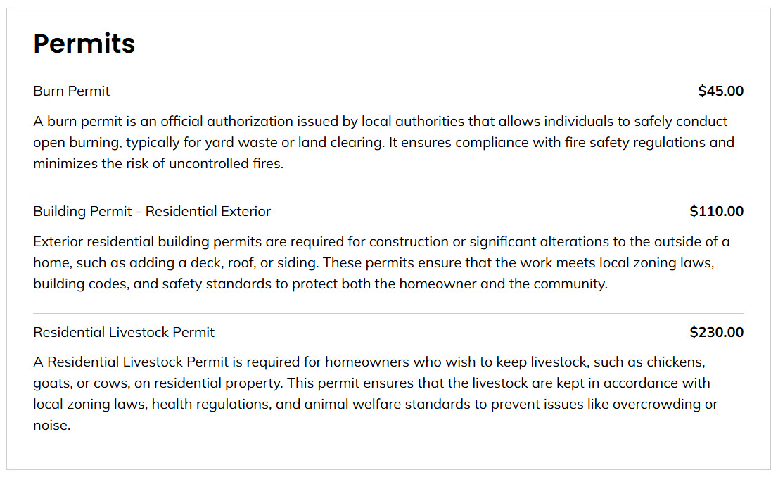 A data list example showing 3 permits with description and cost