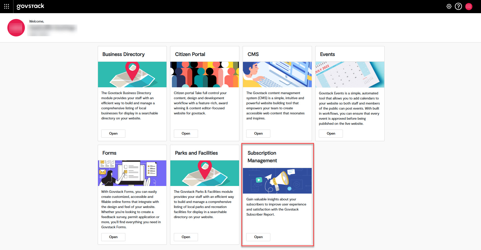 Govstack Dashboard sowing the Subscription Management tool highlighted.