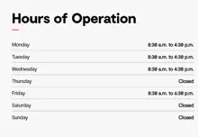 Example of a data set content component displaying the hours of operation for a sample community.