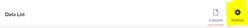 Data list slide-out displaying the 'Settings' tab in the top right corner. 