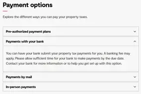 Accordion foldout showing different payment options for property taxes