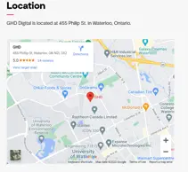 Example of the Embed Code Block content component with a Google map of the GHD Waterloo office located at 155 Philip St. in Waterloo, Ontario. 